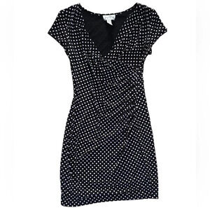 Joseph Ribkoff Black Wrap Dress Polka Dot Stretch V Neck Size 12 Business Preppy